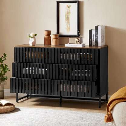 Modern Storage Cabinet with Grille Striped Doors and 6 Drawers for Living Room
