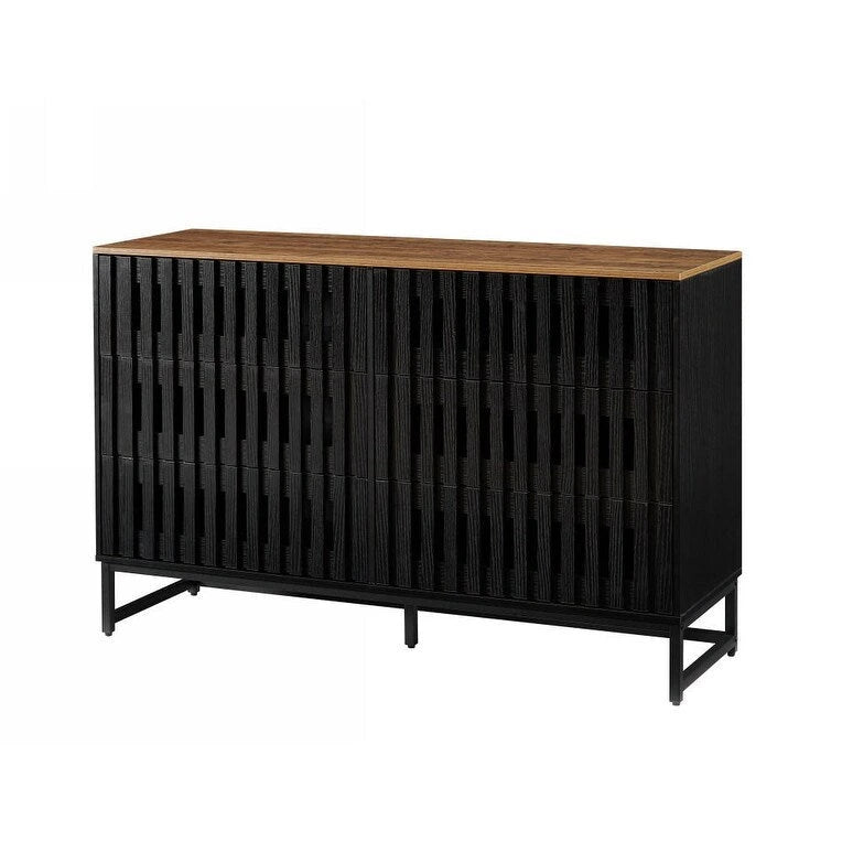Modern Storage Cabinet with Grille Striped Doors and 6 Drawers for Living Room