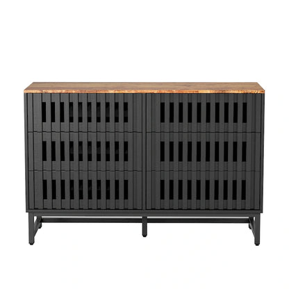 Modern Storage Cabinet with Grille Striped Doors and 6 Drawers for Living Room