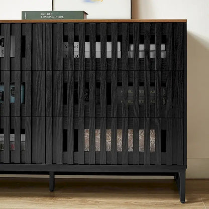 Modern Storage Cabinet with Grille Striped Doors and 6 Drawers for Living Room
