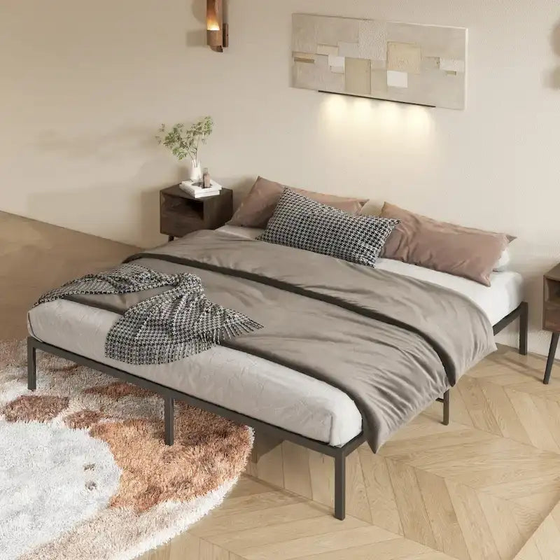 Black King Metal Platform Bed with Wave Shape Wooden Headboard