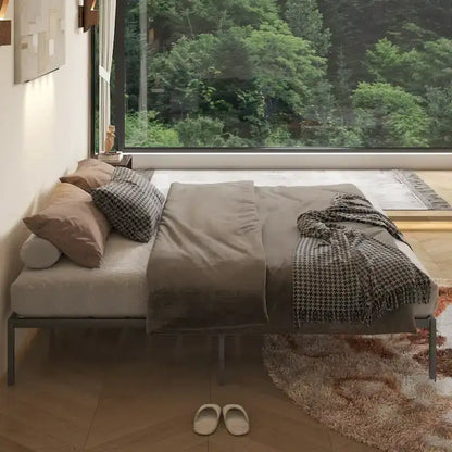 Black King Metal Platform Bed with Wave Shape Wooden Headboard