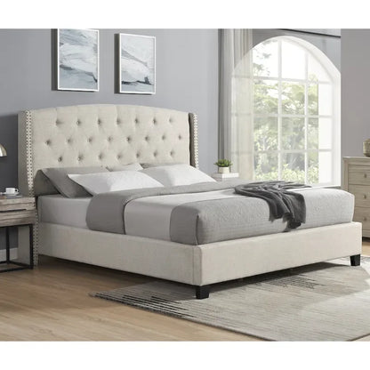 Beige Upholstered Polyester Platform Bed with Button Tufted Wingback