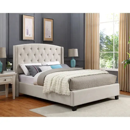 Beige Upholstered Polyester Platform Bed with Button Tufted Wingback