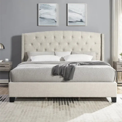 Beige Upholstered Polyester Platform Bed with Button Tufted Wingback