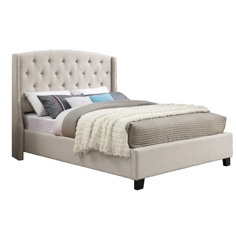 Beige Upholstered Polyester Platform Bed with Button Tufted Wingback