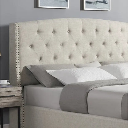 Beige Upholstered Polyester Platform Bed with Button Tufted Wingback