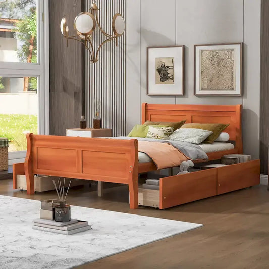 Full Pine Wood Platform Bed with 4 Drawers & Design