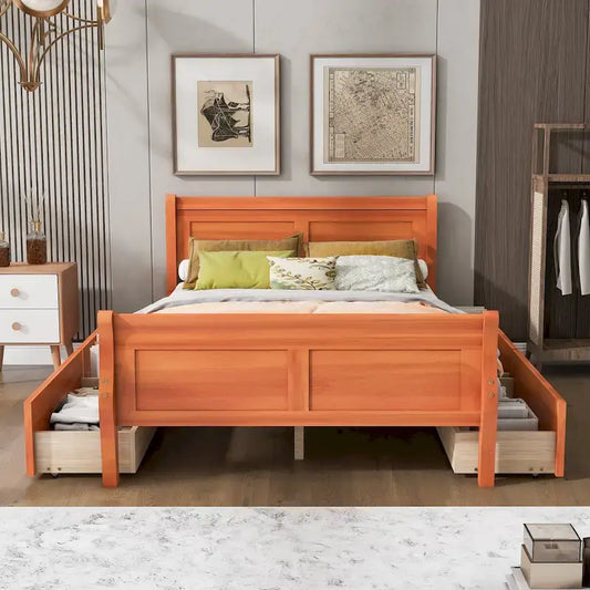 Full Pine Wood Platform Bed with 4 Drawers & Design