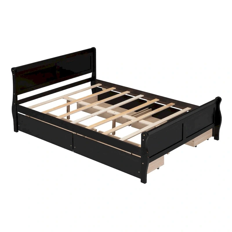 Full Pine Wood Platform Bed with 4 Drawers & Design