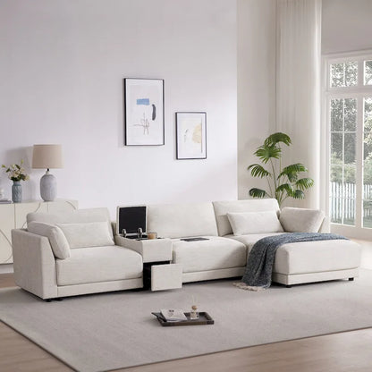 124 Chenille 4-Seater L-Shaped Sofa with Storage Console, USB