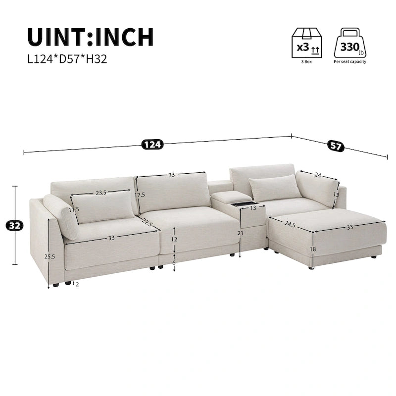 124 Chenille 4-Seater L-Shaped Sofa with Storage Console, USB