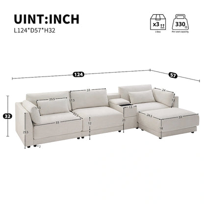 124 Chenille 4-Seater L-Shaped Sofa with Storage Console, USB