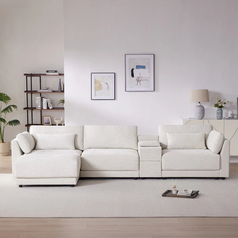 124 Chenille 4-Seater L-Shaped Sofa with Storage Console, USB