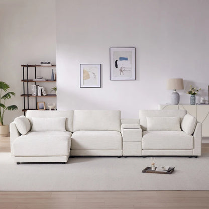 124 Chenille 4-Seater L-Shaped Sofa with Storage Console, USB
