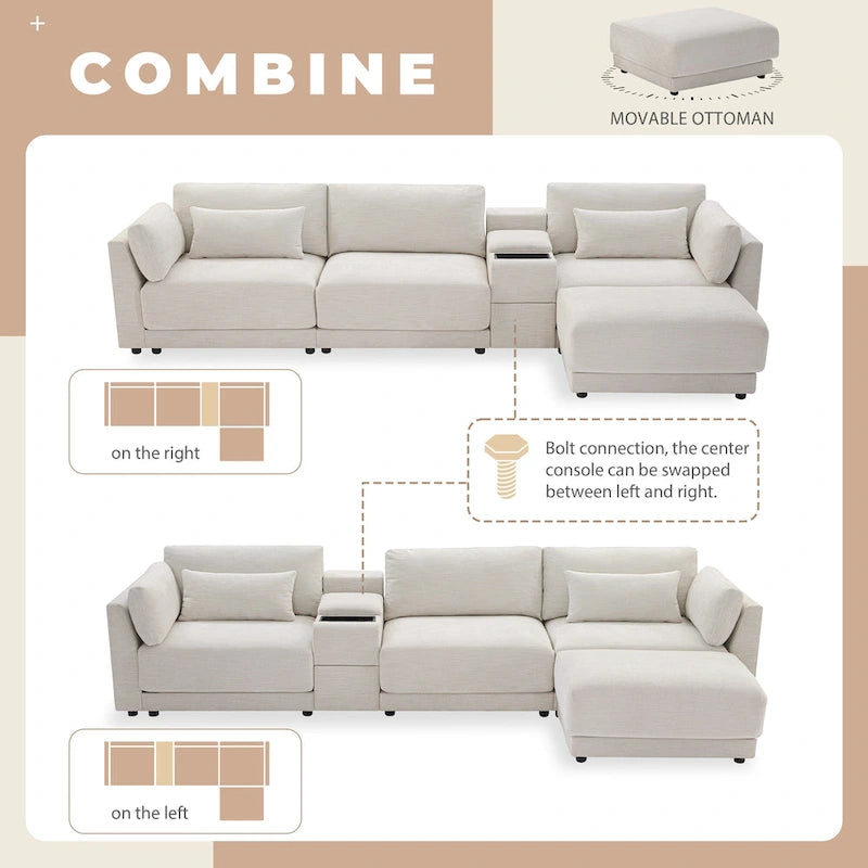 124 Chenille 4-Seater L-Shaped Sofa with Storage Console, USB