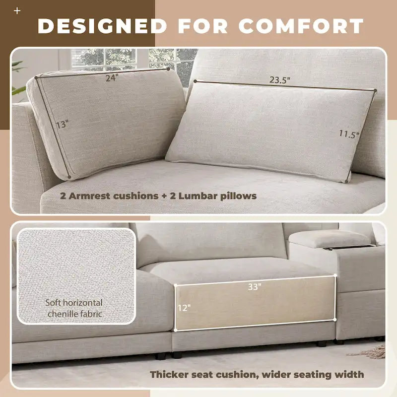 124 Chenille 4-Seater L-Shaped Sofa with Storage Console, USB