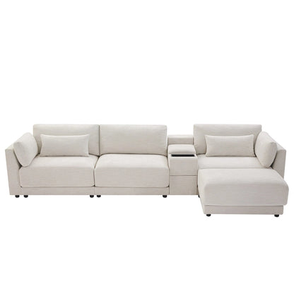 124 Chenille 4-Seater L-Shaped Sofa with Storage Console, USB