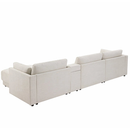 124 Chenille 4-Seater L-Shaped Sofa with Storage Console, USB