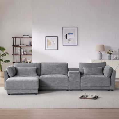 124 Chenille 4-Seater L-Shaped Sofa with Storage Console, USB