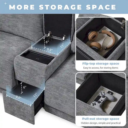 124 Chenille 4-Seater L-Shaped Sofa with Storage Console, USB