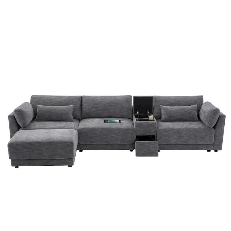 124 Chenille 4-Seater L-Shaped Sofa with Storage Console, USB