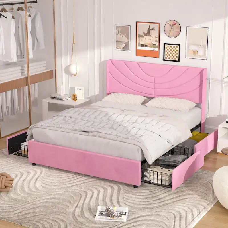 VECELO Upholstered Bed Frame with Headboard & 4 Storage Drawers