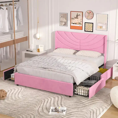 VECELO Upholstered Bed Frame with Headboard & 4 Storage Drawers