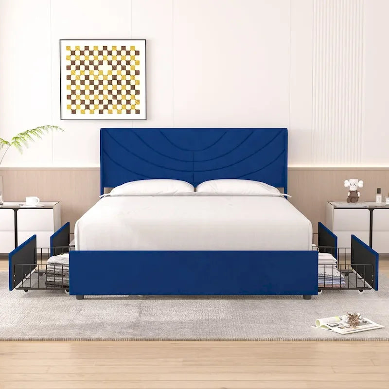 VECELO Upholstered Bed Frame with Headboard & 4 Storage Drawers