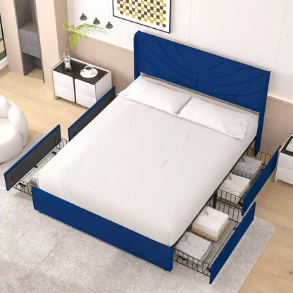 VECELO Upholstered Bed Frame with Headboard & 4 Storage Drawers