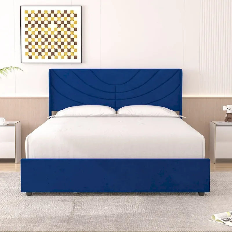 VECELO Upholstered Bed Frame with Headboard & 4 Storage Drawers