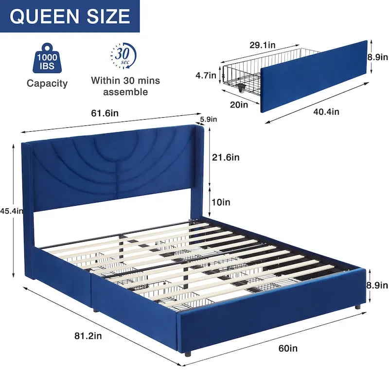 VECELO Upholstered Bed Frame with Headboard & 4 Storage Drawers