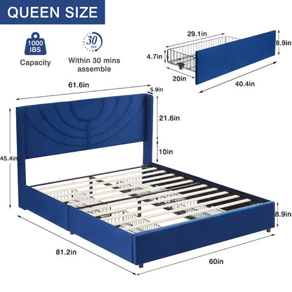 VECELO Upholstered Bed Frame with Headboard & 4 Storage Drawers