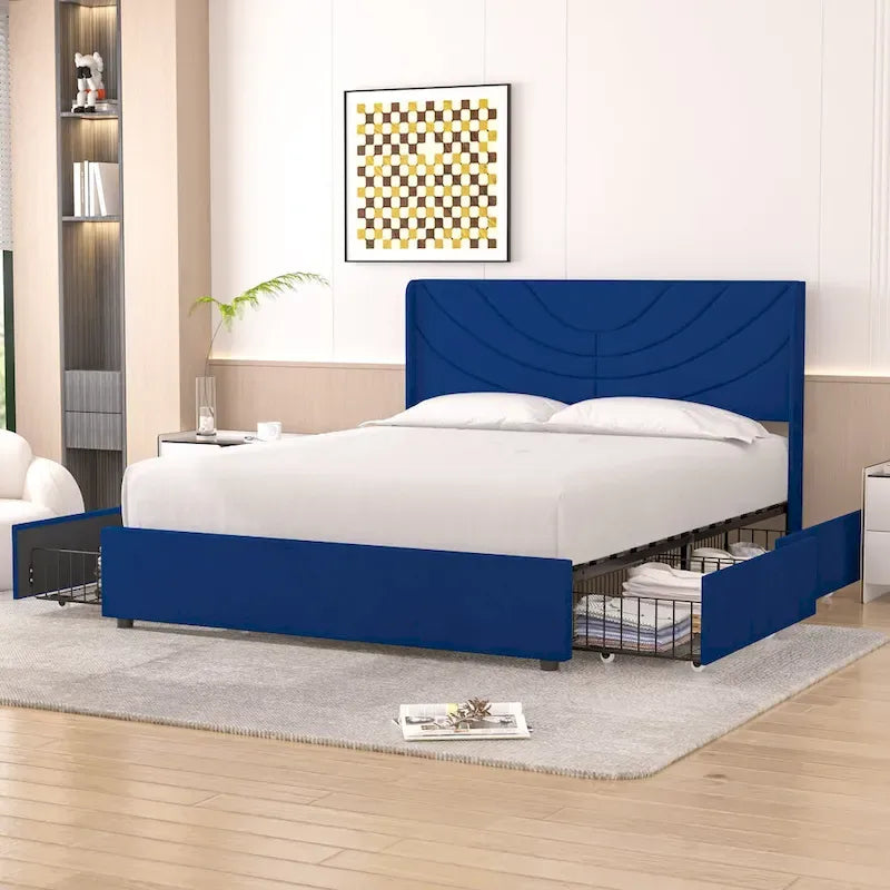 VECELO Upholstered Bed Frame with Headboard & 4 Storage Drawers