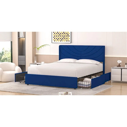 VECELO Upholstered Bed Frame with Headboard & 4 Storage Drawers