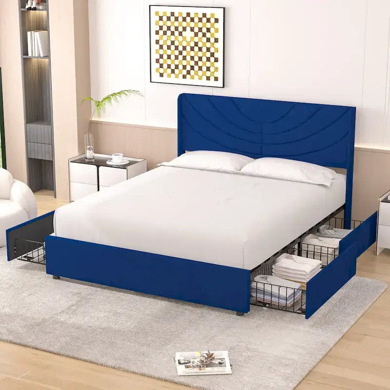 VECELO Upholstered Bed Frame with Headboard & 4 Storage Drawers