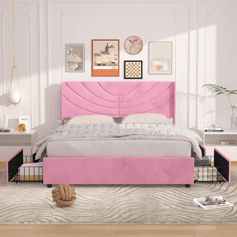VECELO Upholstered Bed Frame with Headboard & 4 Storage Drawers