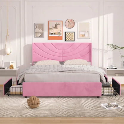 VECELO Upholstered Bed Frame with Headboard & 4 Storage Drawers
