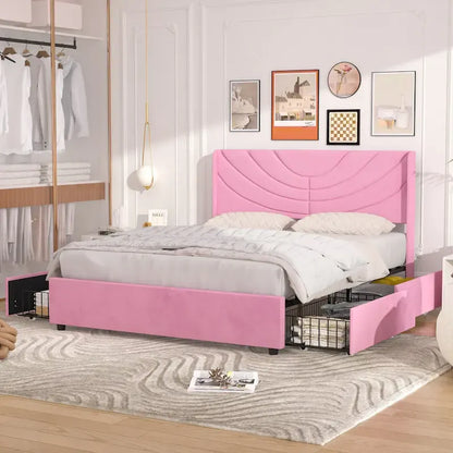 VECELO Upholstered Bed Frame with Headboard & 4 Storage Drawers