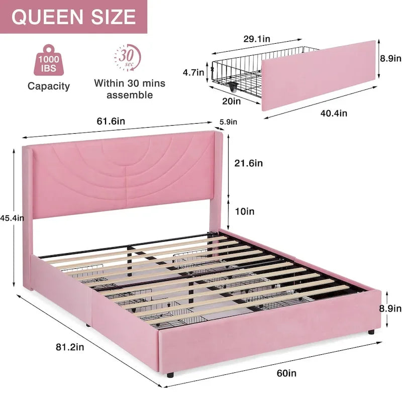 VECELO Upholstered Bed Frame with Headboard & 4 Storage Drawers