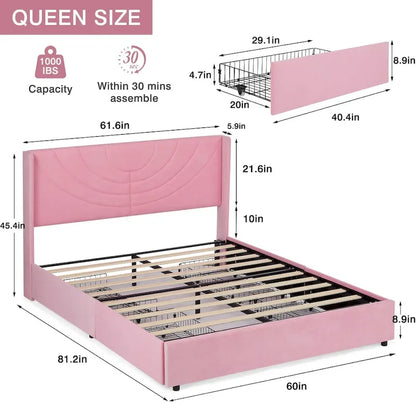 VECELO Upholstered Bed Frame with Headboard & 4 Storage Drawers