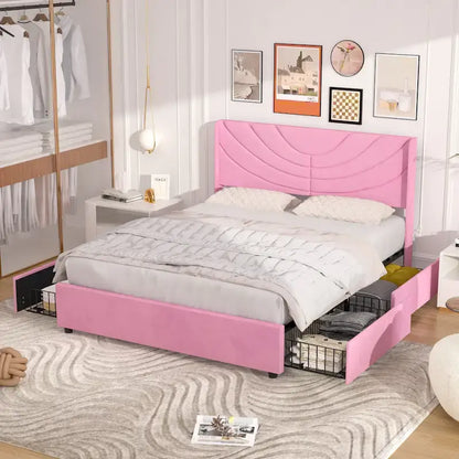 VECELO Upholstered Bed Frame with Headboard & 4 Storage Drawers