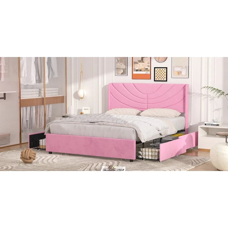 VECELO Upholstered Bed Frame with Headboard & 4 Storage Drawers