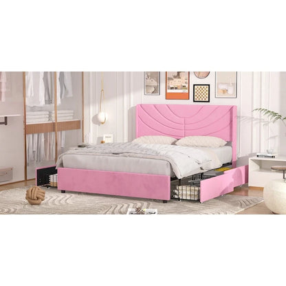 VECELO Upholstered Bed Frame with Headboard & 4 Storage Drawers