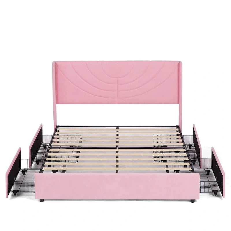 VECELO Upholstered Bed Frame with Headboard & 4 Storage Drawers
