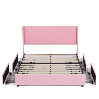 VECELO Upholstered Bed Frame with Headboard & 4 Storage Drawers
