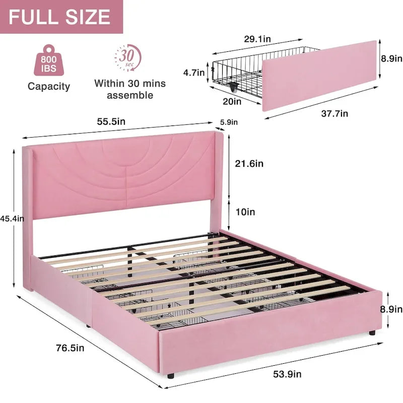 VECELO Upholstered Bed Frame with Headboard & 4 Storage Drawers