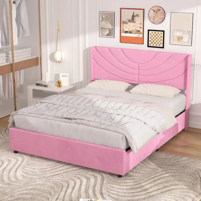 VECELO Upholstered Bed Frame with Headboard & 4 Storage Drawers