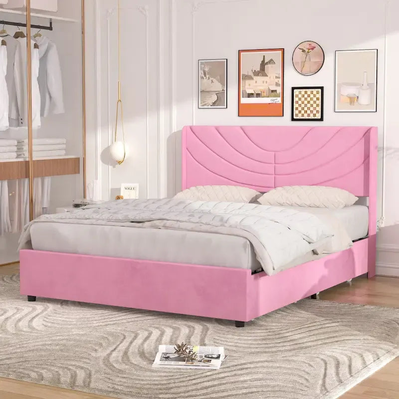 VECELO Upholstered Bed Frame with Headboard & 4 Storage Drawers