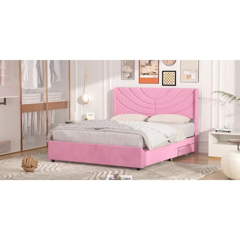 VECELO Upholstered Bed Frame with Headboard & 4 Storage Drawers
